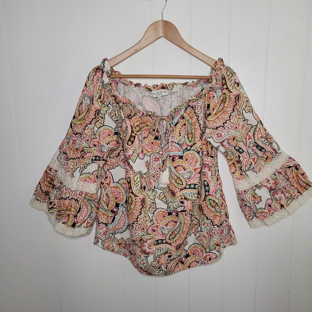Hale Bob Linen Top Small Paisley Floral Lace Tasseled Tie Neck Boho